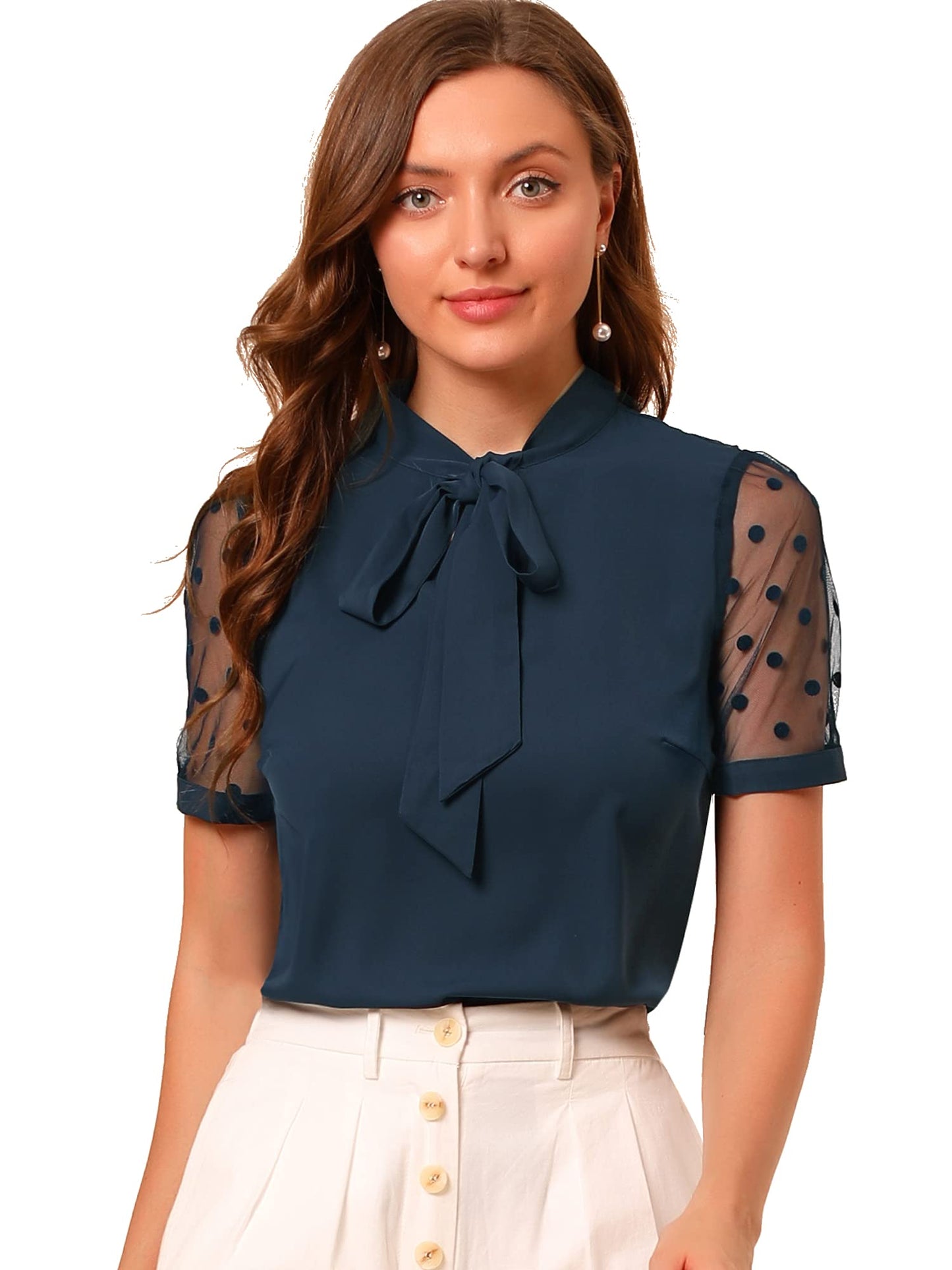 Allegra K Women's Bow Tie Neck V Neck Stand Collar Short Mesh Sleeve Blouse