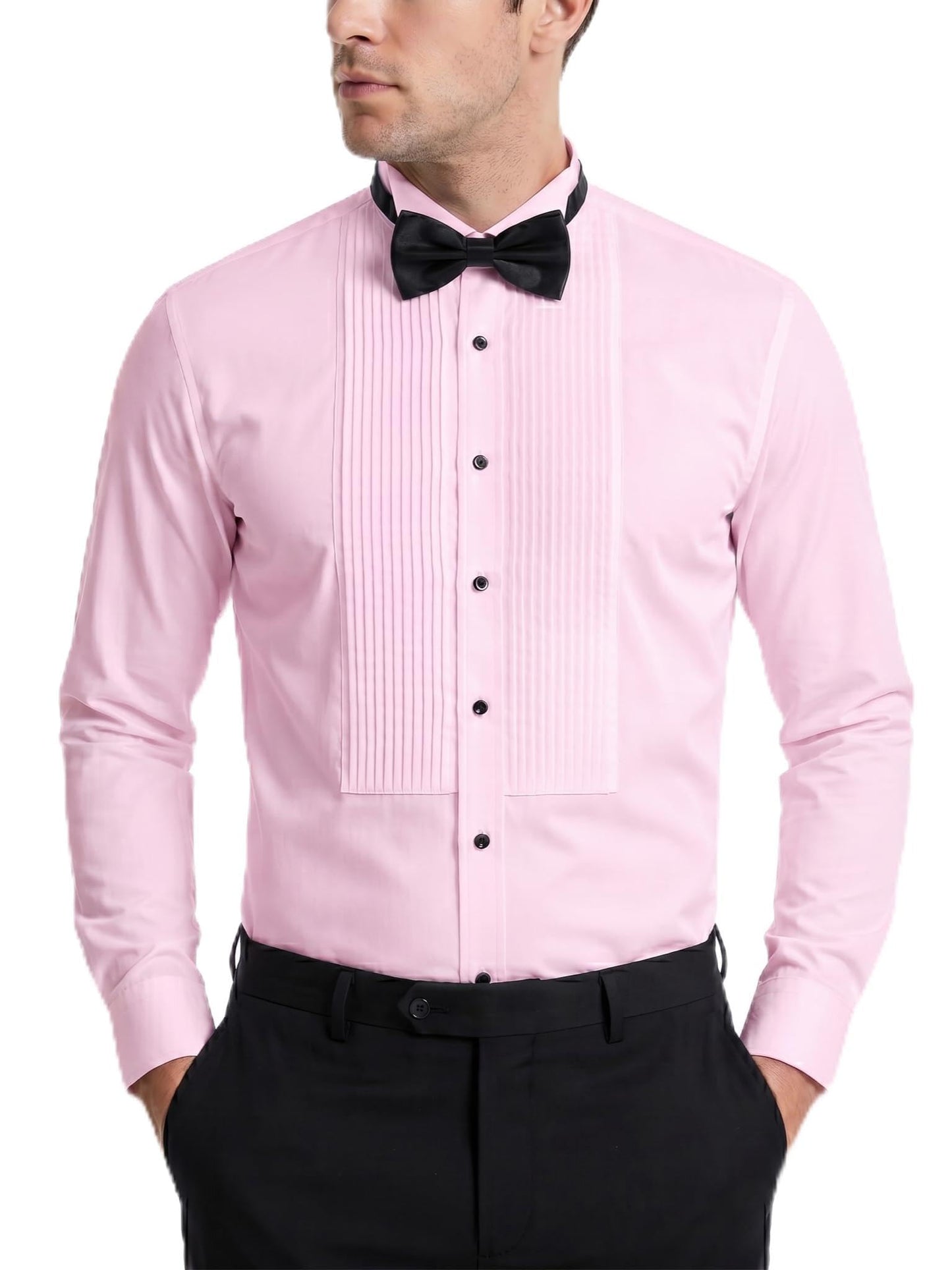 FAHIZO Men's White Tuxedo Shirt with Wing Collar, French Cuffs & Accessories