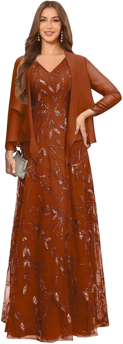 2 Piece Sequin Lace Mother of The Bride Dresses for Women with Jacket V Neck Long Formal Dresses Evening Gown