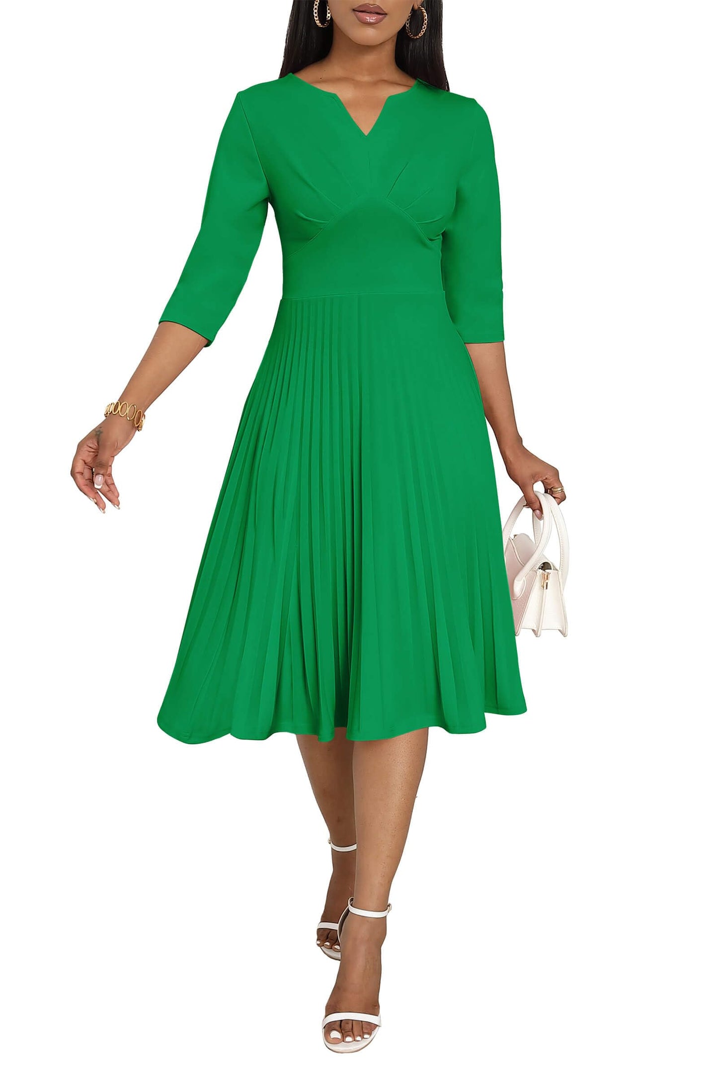 CLOCOR Midi Dresses for Women, 3/4 Sleeve A Line Pleated Casual Dress V Neck Church Cocktail Wedding Guest Dress