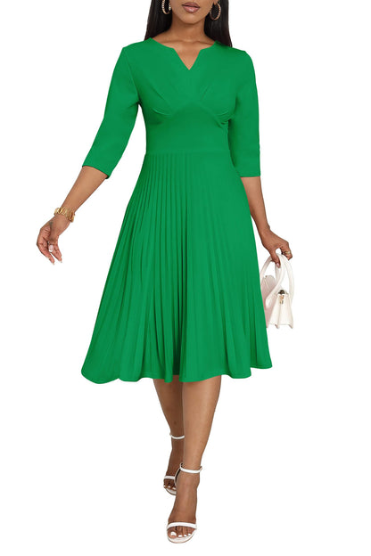 CLOCOR Midi Dresses for Women, 3/4 Sleeve A Line Pleated Casual Dress V Neck Church Cocktail Wedding Guest Dress