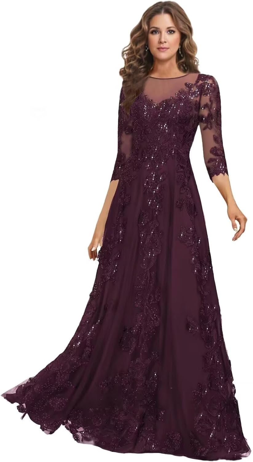 Lace Mother of the Bride Dress Long for Wedding Party Guest 3/4 Sleeves Formal Evening Gown JH028