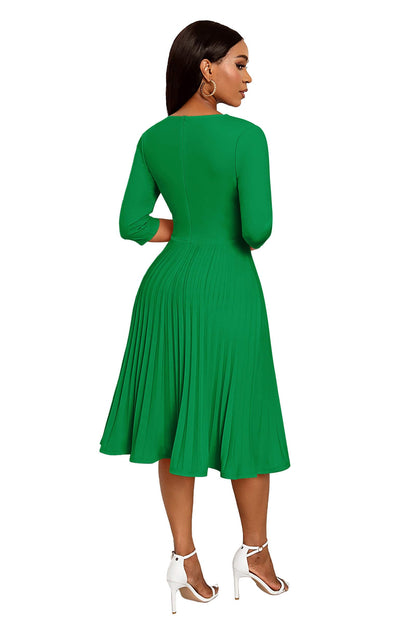 CLOCOR Midi Dresses for Women, 3/4 Sleeve A Line Pleated Casual Dress V Neck Church Cocktail Wedding Guest Dress