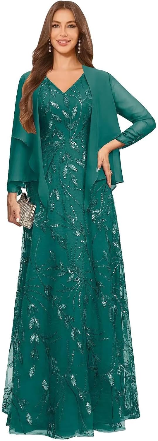 2 Piece Sequin Lace Mother of The Bride Dresses for Women with Jacket V Neck Long Formal Dresses Evening Gown