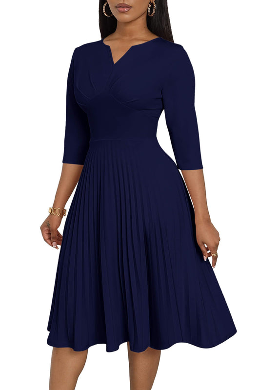 CLOCOR Midi Dresses for Women, 3/4 Sleeve A Line Pleated Casual Dress V Neck Church Cocktail Wedding Guest Dress