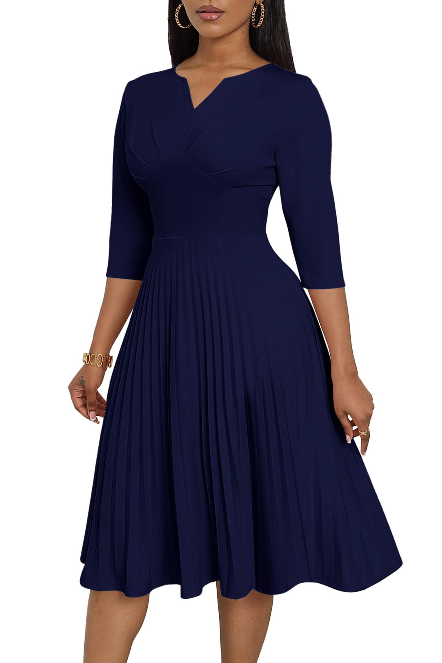 CLOCOR Midi Dresses for Women, 3/4 Sleeve A Line Pleated Casual Dress V Neck Church Cocktail Wedding Guest Dress
