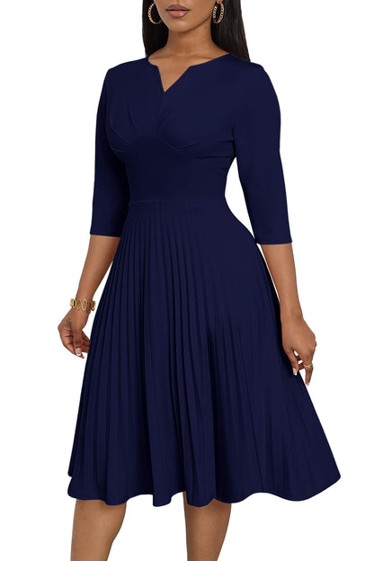CLOCOR Midi Dresses for Women, 3/4 Sleeve A Line Pleated Casual Dress V Neck Church Cocktail Wedding Guest Dress