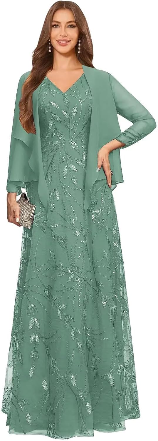 2 Piece Sequin Lace Mother of The Bride Dresses for Women with Jacket V Neck Long Formal Dresses Evening Gown