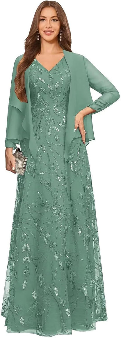 2 Piece Sequin Lace Mother of The Bride Dresses for Women with Jacket V Neck Long Formal Dresses Evening Gown