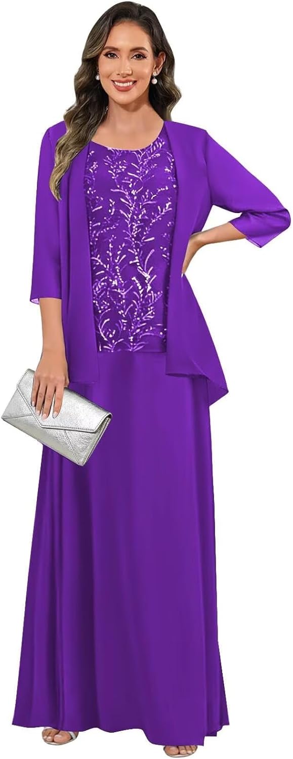 3 Pieces Mother of The Bride Dresses for Women 3/4 Sleeves Chiffon Lace Long Formal Wedding Guest Dress