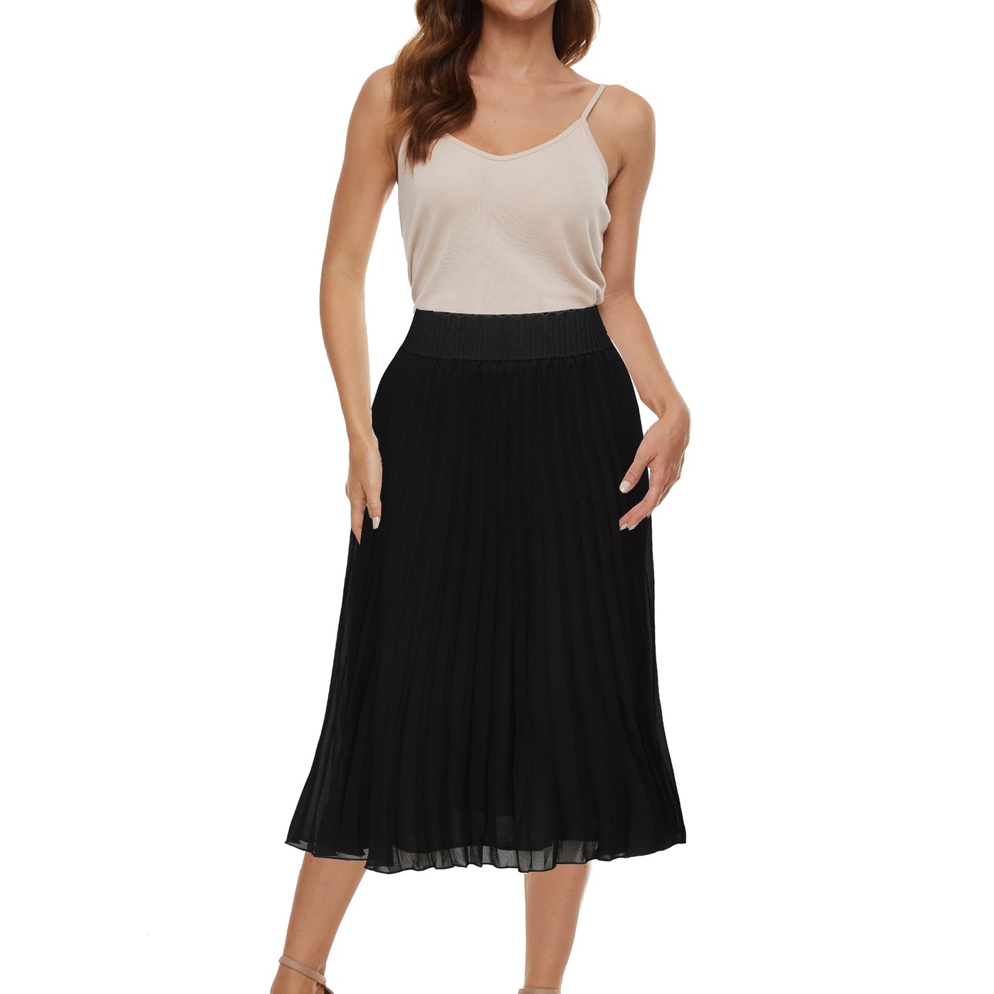 Womens Chiffon High Waist Skirt Pleated A-Line Swing Elastic Shirring Midi Length