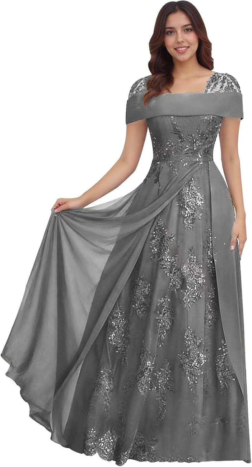 Lace Sequin Applique Mother of The Bride Dresses for Wedding Cap Sleeve A Line Long Wedding Guest Dresses for Women