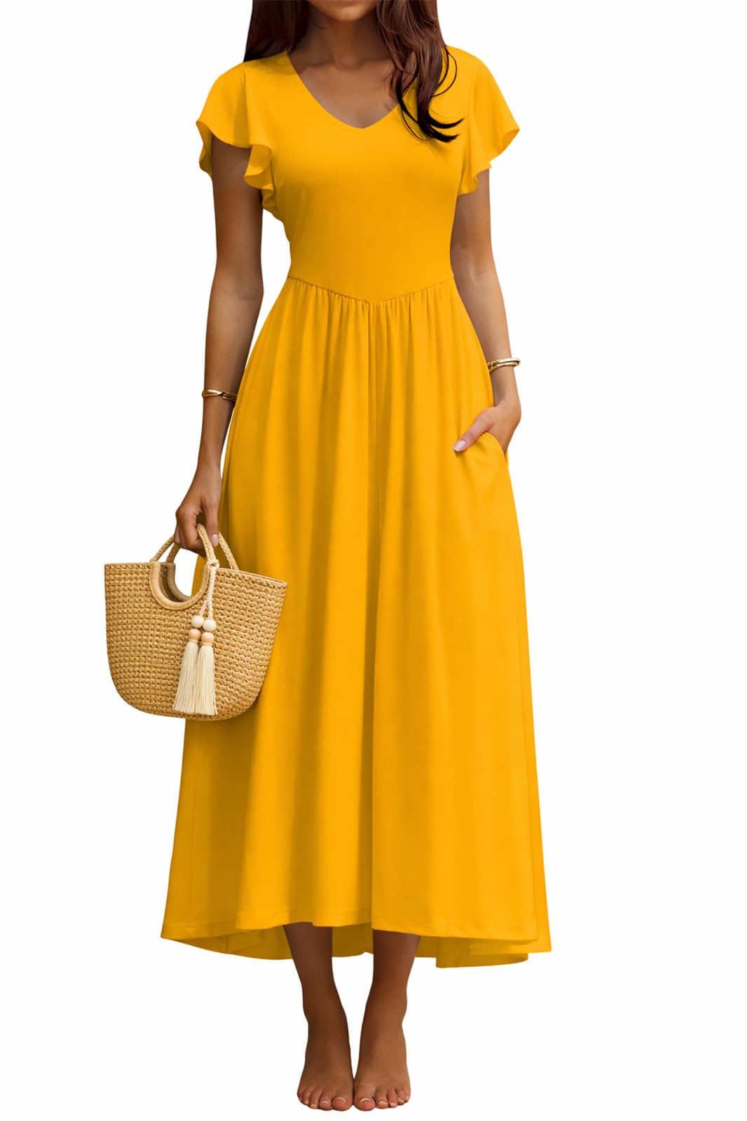 YUNDAI Women's Scoop Neck Flutter Sleeve Midi Dress with Pocket Elegant Flowy A Line Tie Back Dress