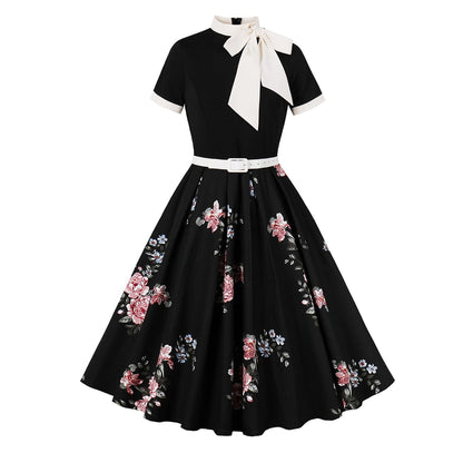 50s Style Dresses for Women Vintage Short Sleeve Tie Neck Swing Dress Midi Prom Dress with Belt