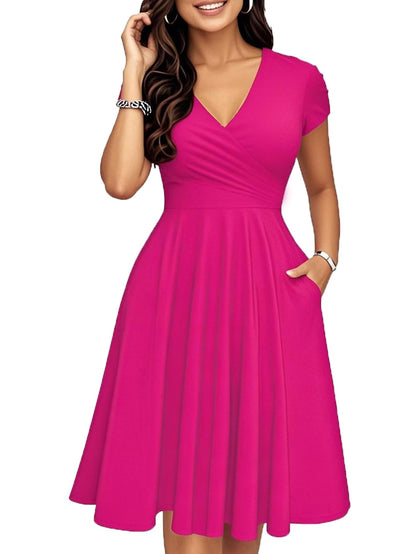oxiuly Women's Vintage Dot V-Neck Cap Sleeve Casual Pockets Swing Tea Dress OX296