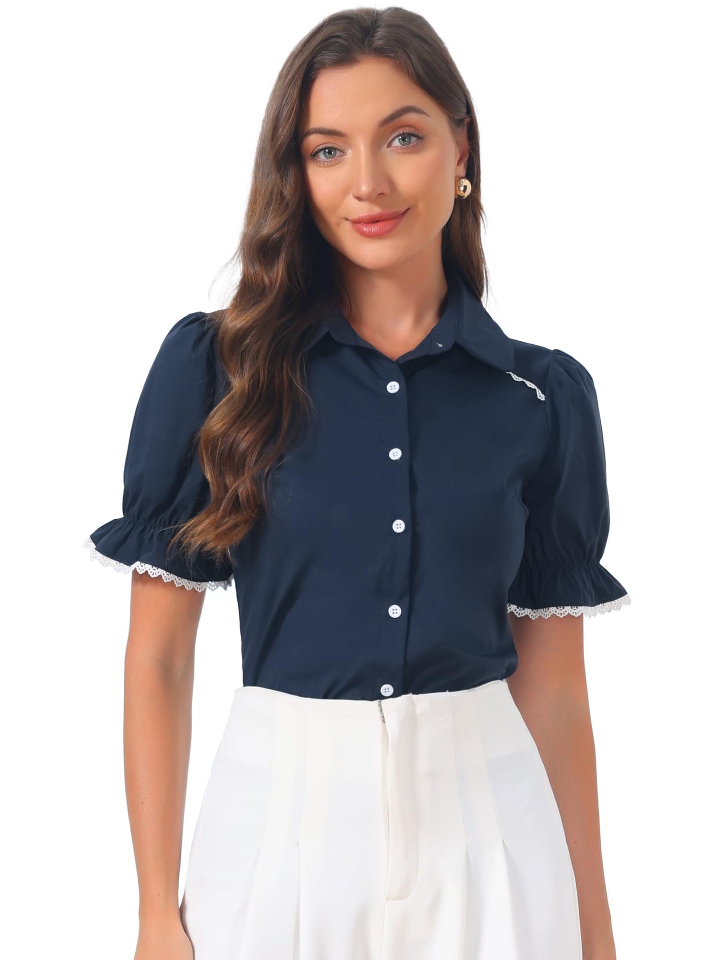 Allegra K Peter Pan Collar Shirt for Women Vintage Tops Puff Short Sleeve Button Down Retro Blouses 2026