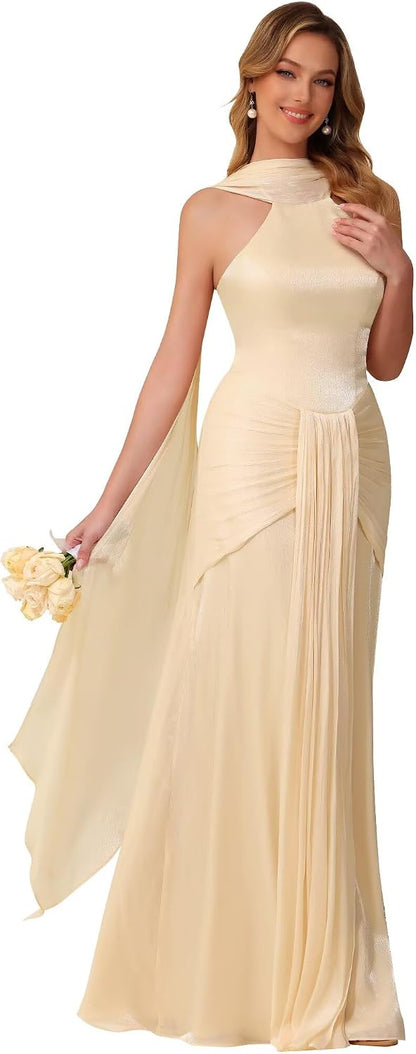 Halter Bridesmaid Dresses Long with Scarf Shimmer Chiffon Formal Dress Pleated Mermaid Evening Gowns for Women