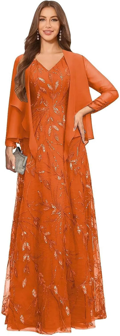 2 Piece Sequin Lace Mother of The Bride Dresses for Women with Jacket V Neck Long Formal Dresses Evening Gown