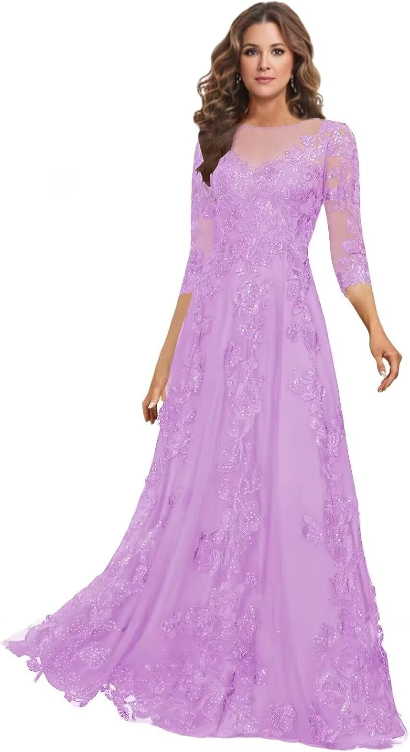 Lace Mother of the Bride Dress Long for Wedding Party Guest 3/4 Sleeves Formal Evening Gown JH028