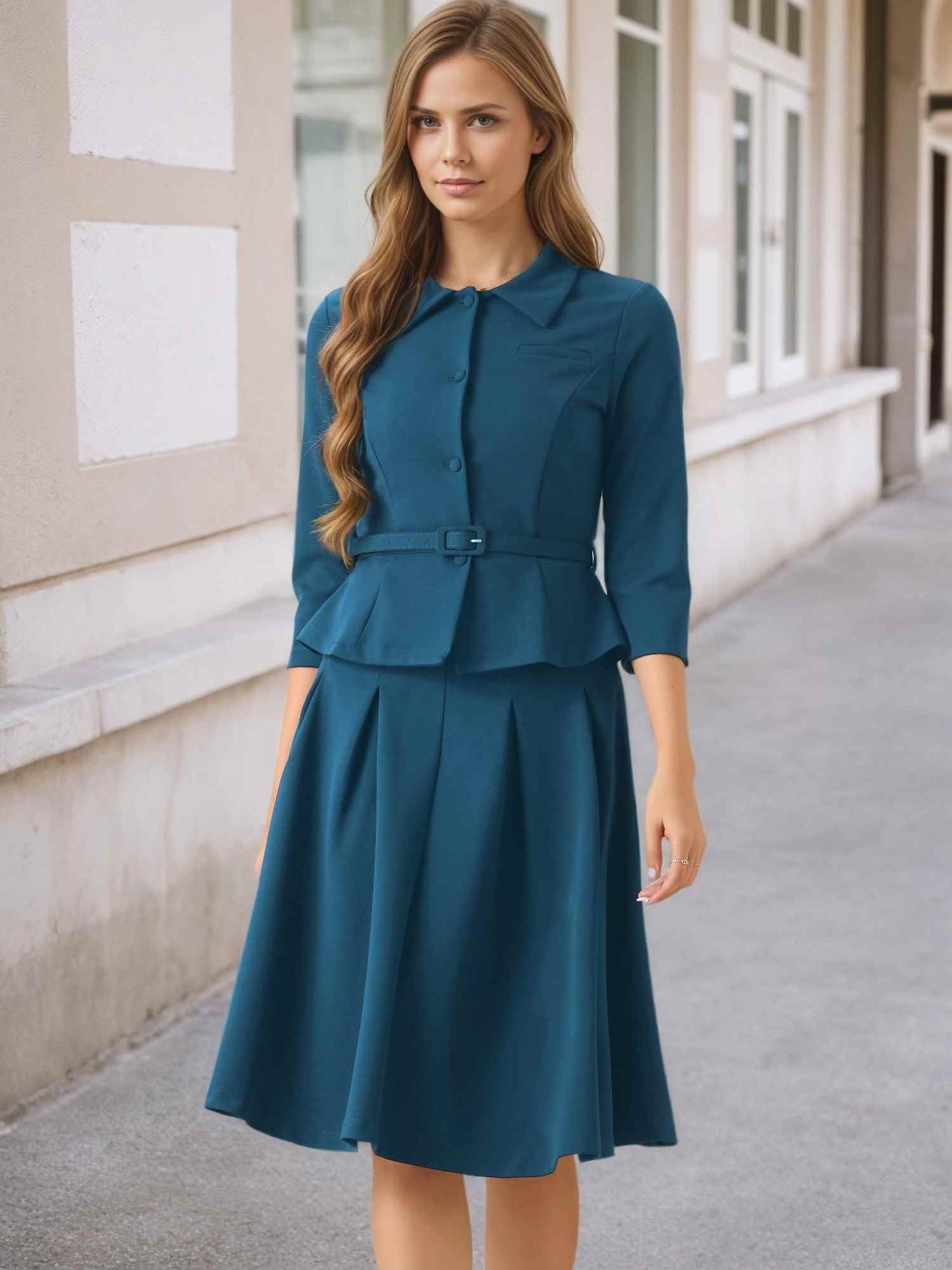 Allegra K Business Skirt Suit Sets for Women's 2 Piece Outfits Office 3/4 Sleeve Blazer Jacket Pleated Skirts