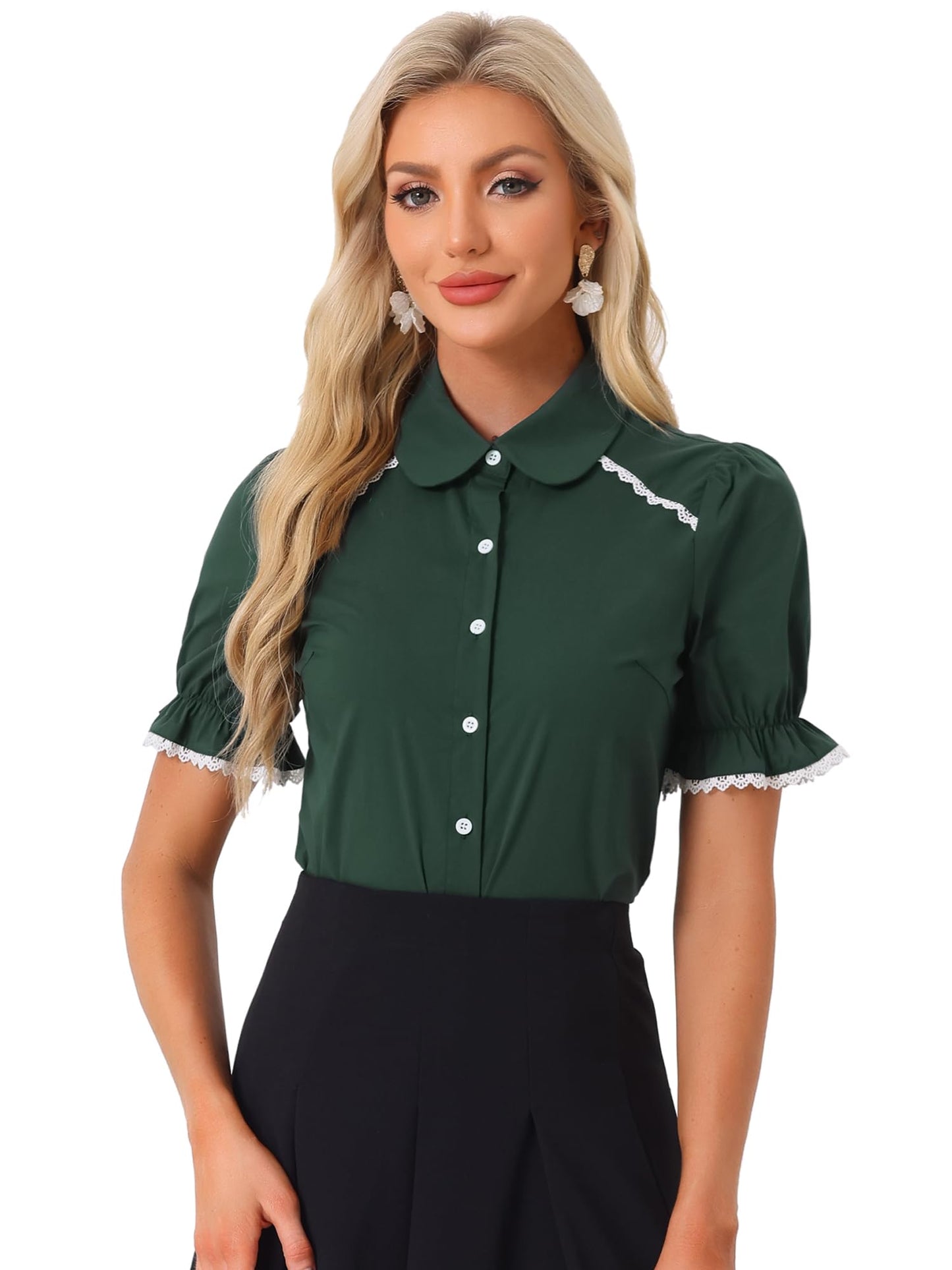 Allegra K Peter Pan Collar Shirt for Women Vintage Tops Puff Short Sleeve Button Down Retro Blouses 2026