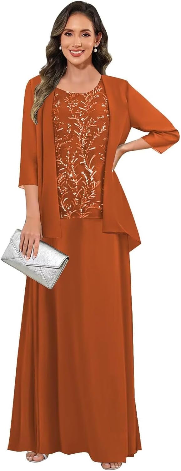 3 Pieces Mother of The Bride Dresses for Women 3/4 Sleeves Chiffon Lace Long Formal Wedding Guest Dress