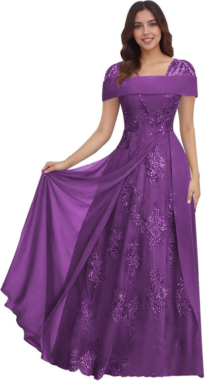 Lace Sequin Applique Mother of The Bride Dresses for Wedding Cap Sleeve A Line Long Wedding Guest Dresses for Women