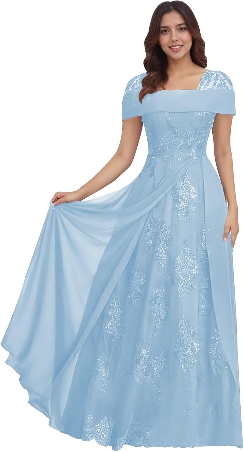 Lace Sequin Applique Mother of The Bride Dresses for Wedding Cap Sleeve A Line Long Wedding Guest Dresses for Women