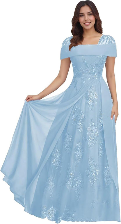 Lace Sequin Applique Mother of The Bride Dresses for Wedding Cap Sleeve A Line Long Wedding Guest Dresses for Women