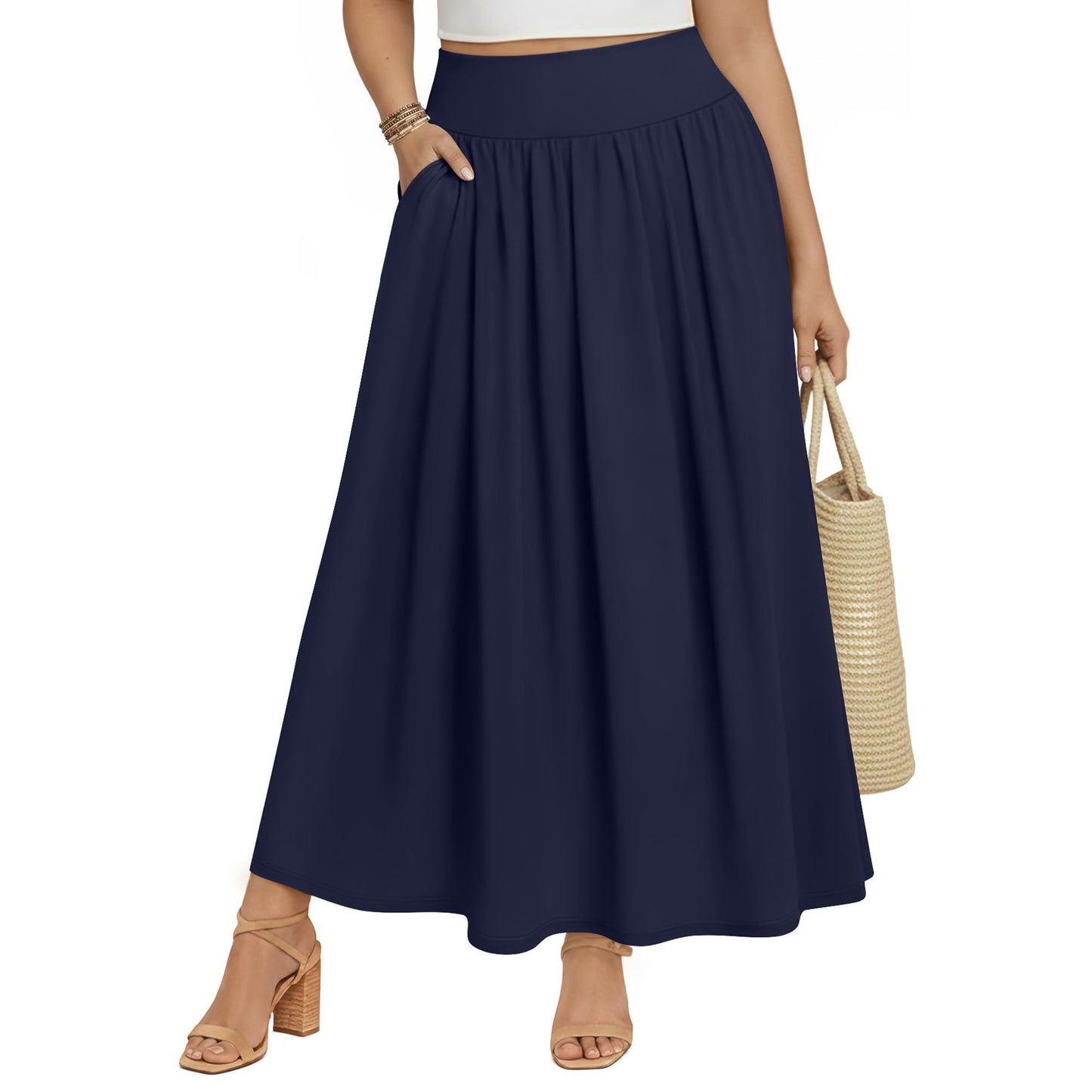 Plus Size Maxi Skirt for Curvy Women Pockets 2026 Ankle Length High Waisted Pleated Flowy a Line Summer Long Skirt
