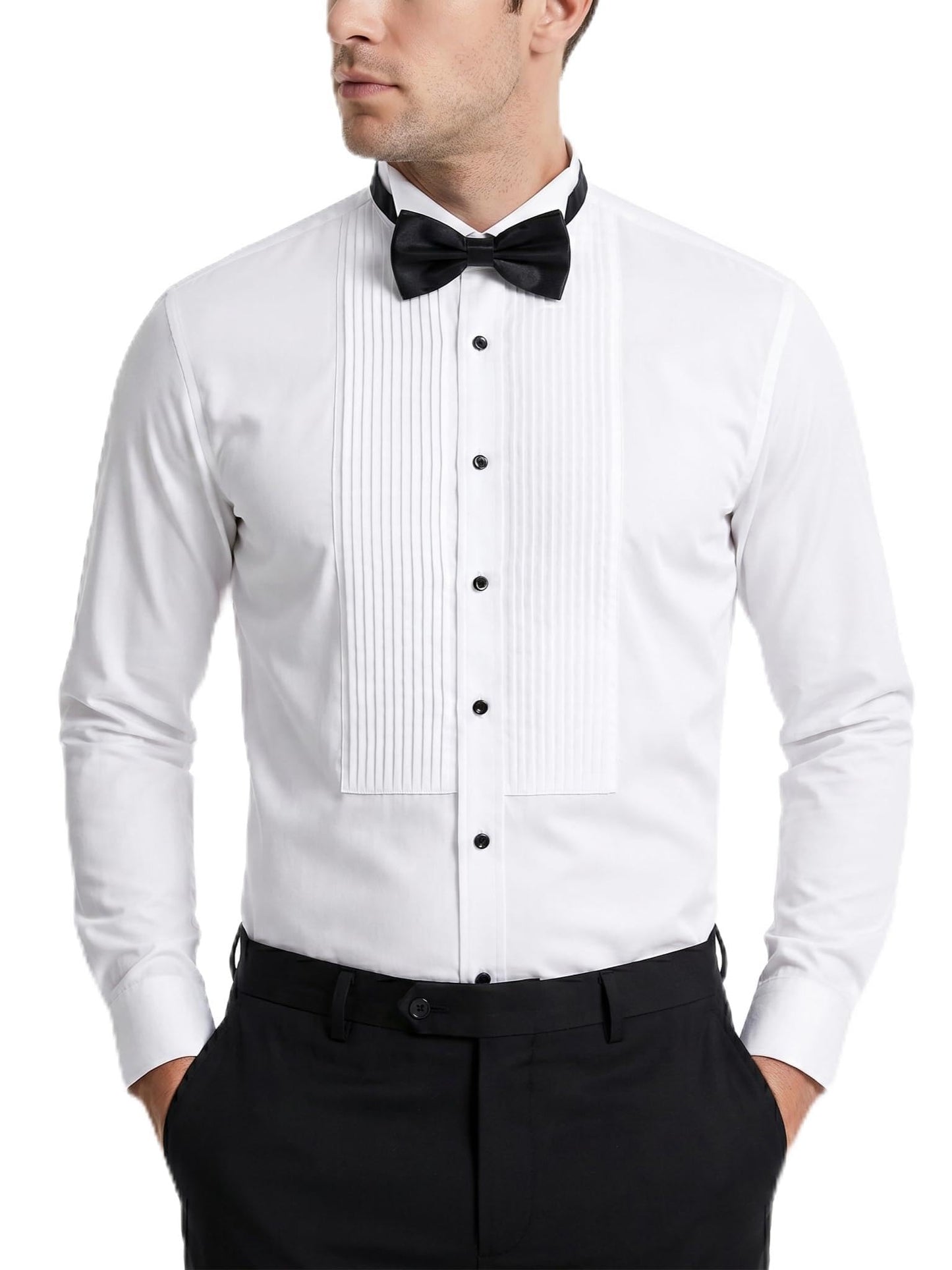 FAHIZO Men's White Tuxedo Shirt with Wing Collar, French Cuffs & Accessories
