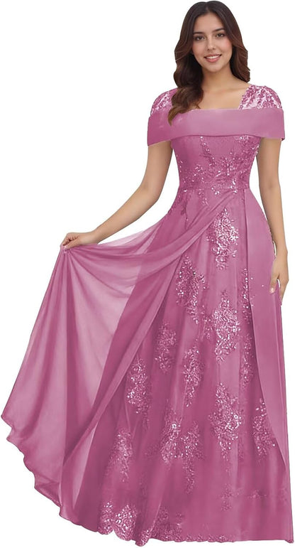 Lace Sequin Applique Mother of The Bride Dresses for Wedding Cap Sleeve A Line Long Wedding Guest Dresses for Women