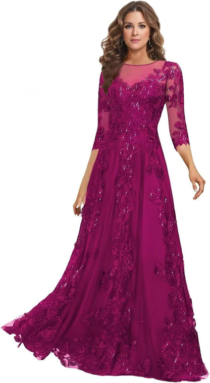Lace Mother of the Bride Dress Long for Wedding Party Guest 3/4 Sleeves Formal Evening Gown JH028
