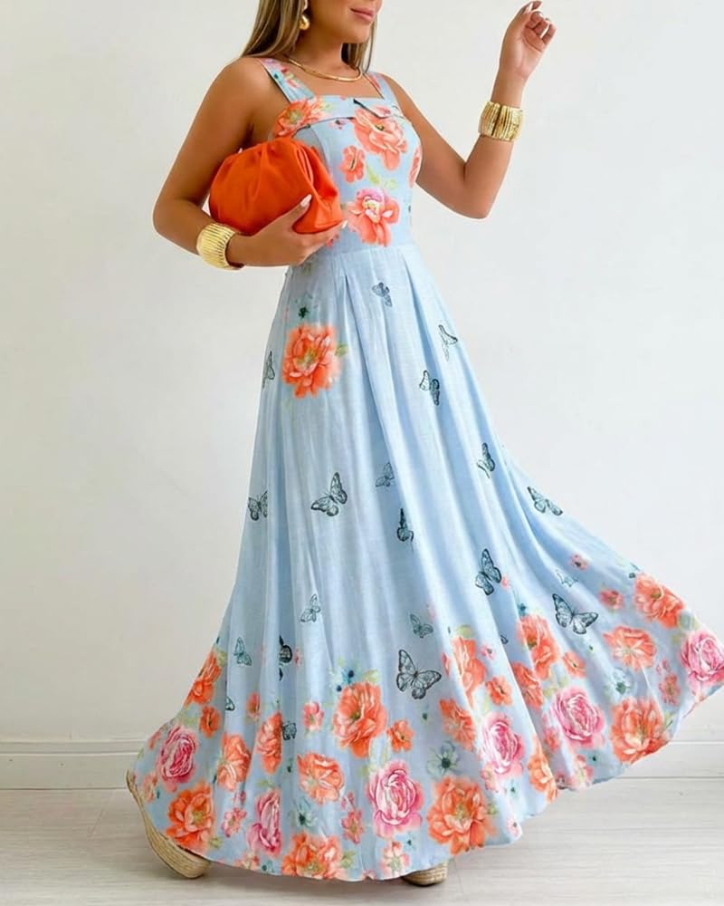 CHICME Women’s Floral Butterfly Print Linen Maxi Dress Quare Neck Strap Shirred Bodice Flowy Boho Summer Beach Dress