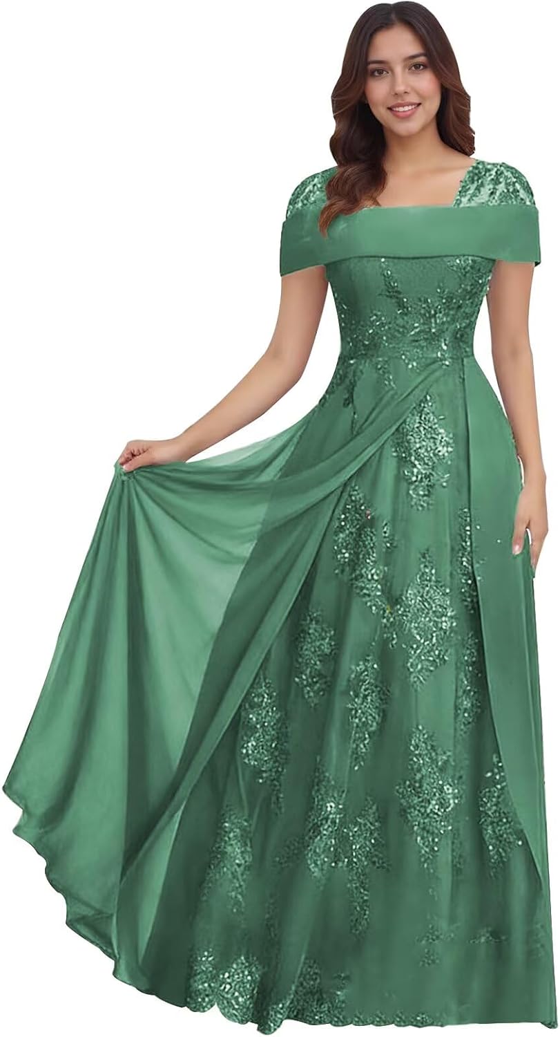 Lace Sequin Applique Mother of The Bride Dresses for Wedding Cap Sleeve A Line Long Wedding Guest Dresses for Women