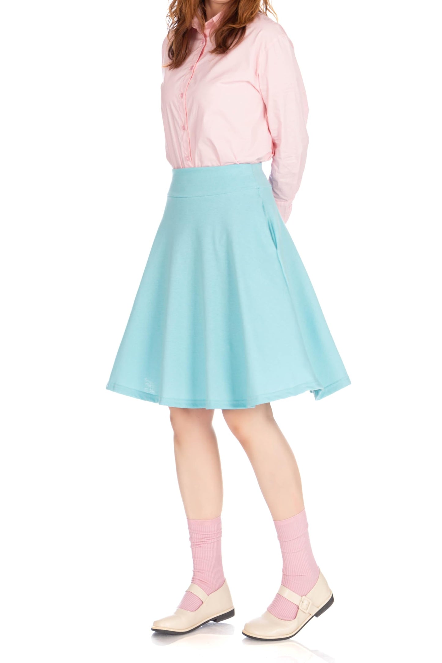 Dani's Choice High-Waisted Cotton Blend Skirt with Pockets - Knee Length A-line Flare for Business and Casual Wear