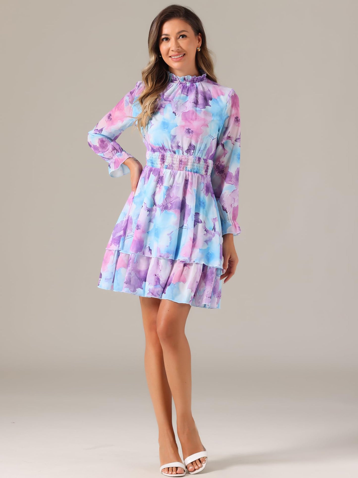 Allegra K Women's Floral Dress Chiffon Long Sleeve Mock Neck Ruffle Layered Smocked Mini Dresses