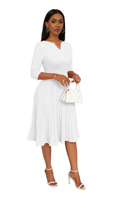 CLOCOR Midi Dresses for Women, 3/4 Sleeve A Line Pleated Casual Dress V Neck Church Cocktail Wedding Guest Dress
