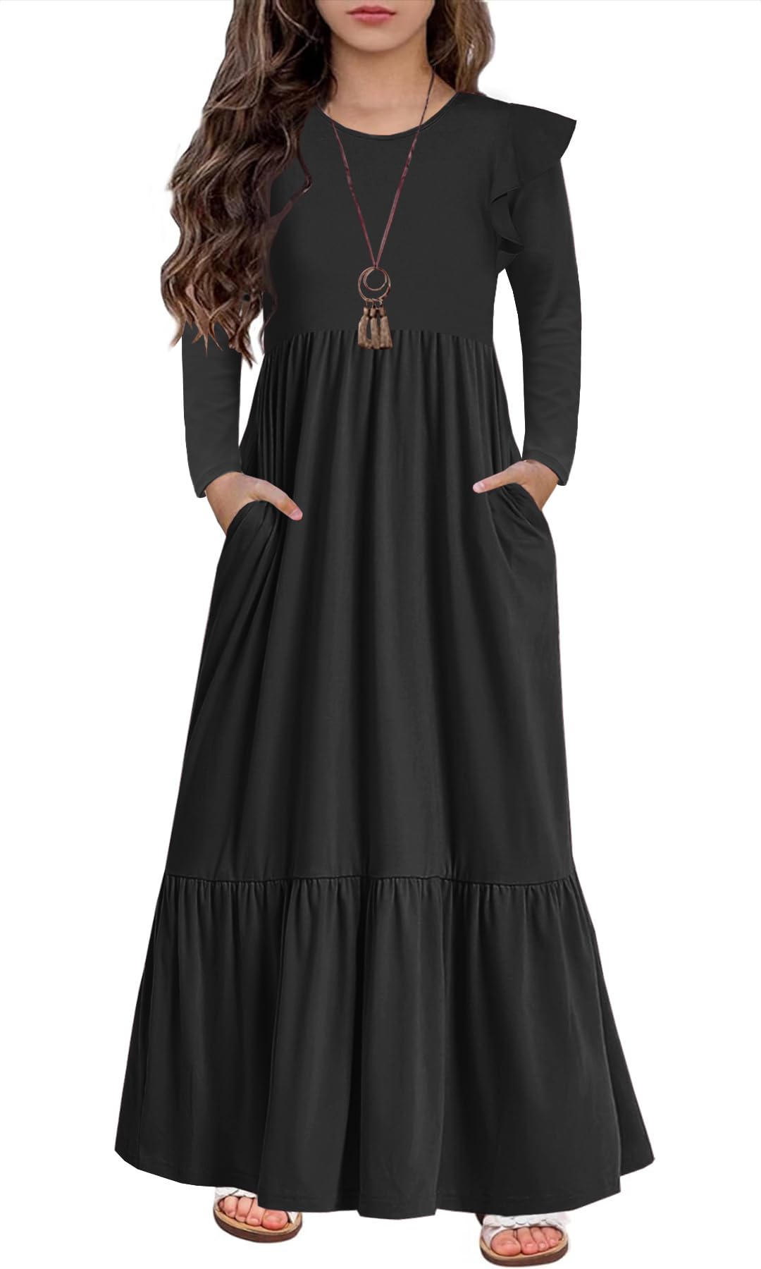 HOSIKA Girls Fall Ruffle Long Sleeve Crew Neck Loose Casual Flowy Tiered Maxi Dress with Pockets for 6-12 Y