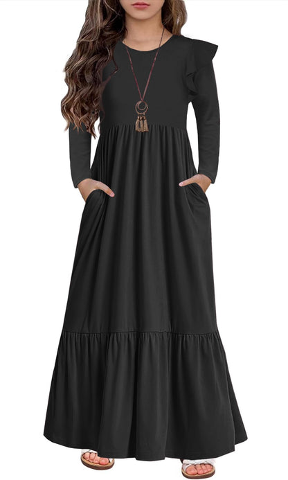 HOSIKA Girls Fall Ruffle Long Sleeve Crew Neck Loose Casual Flowy Tiered Maxi Dress with Pockets for 6-12 Y