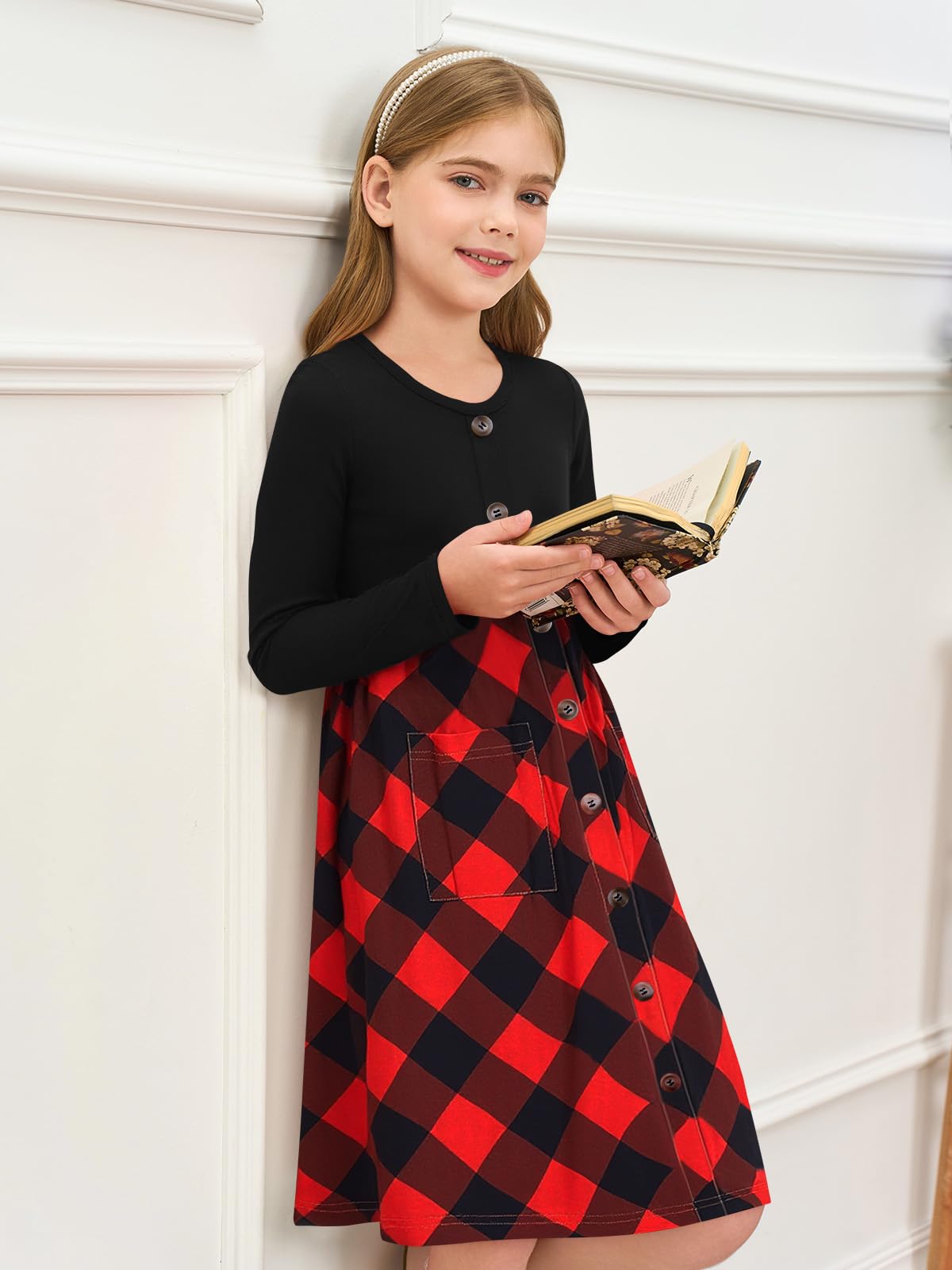 Girls Dresses Kids Button Down Midi Long Sleeve Casual A Line Dress with Pockets 4-14 Years