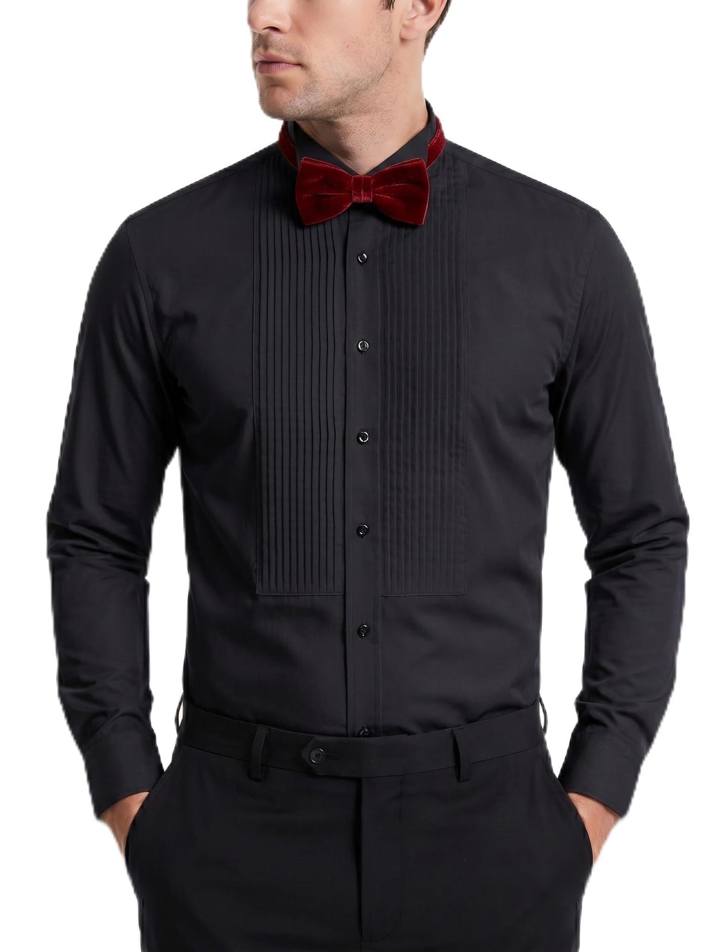 FAHIZO Men's White Tuxedo Shirt with Wing Collar, French Cuffs & Accessories