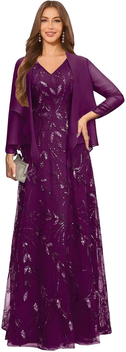 2 Piece Sequin Lace Mother of The Bride Dresses for Women with Jacket V Neck Long Formal Dresses Evening Gown