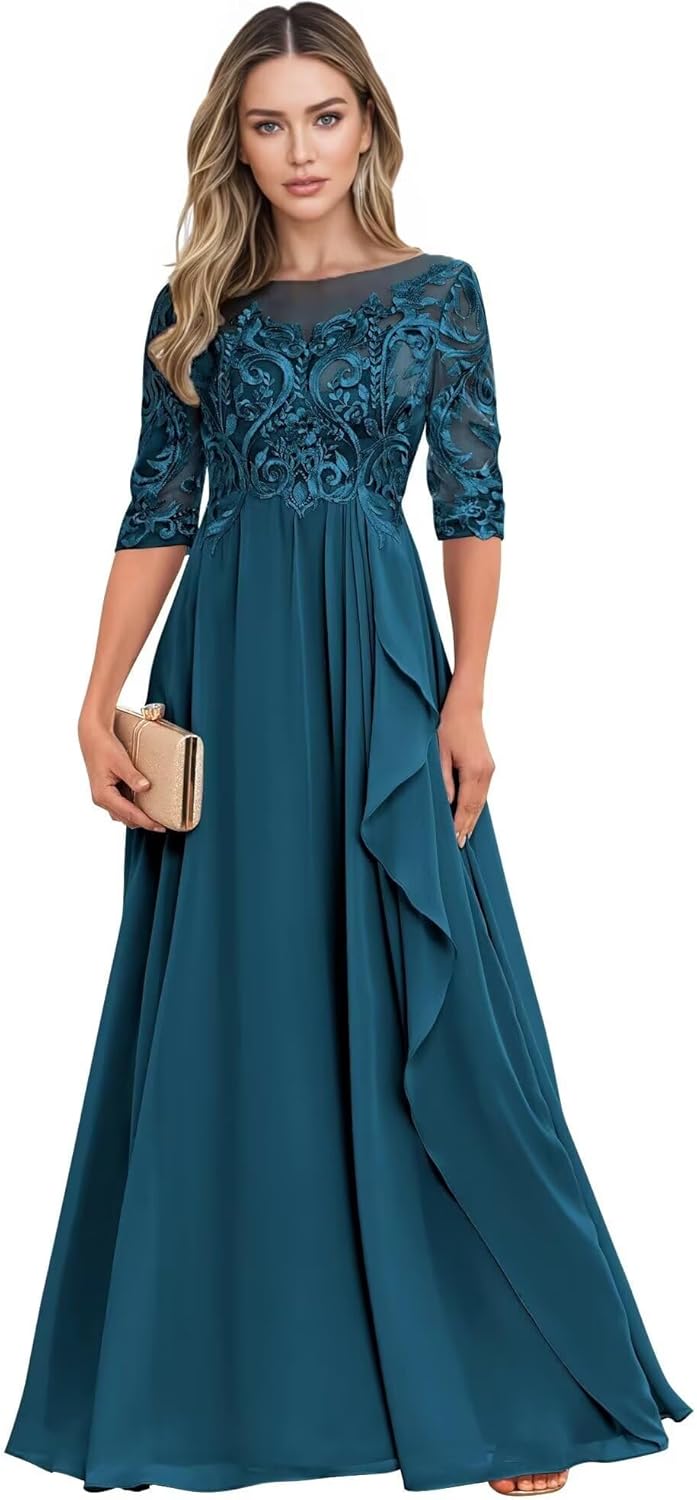 Long Mother of The Bride Dresses for Wedding Guest Half Sleeves Ruffle A Line Evening Party Gown HX012