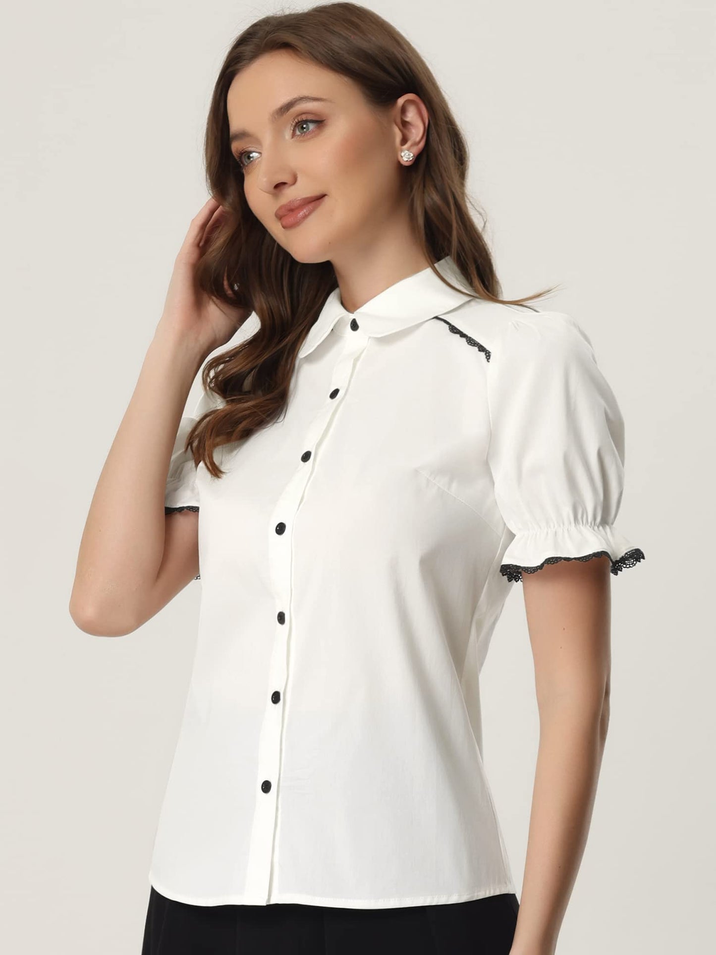 Allegra K Peter Pan Collar Shirt for Women Vintage Tops Puff Short Sleeve Button Down Retro Blouses 2026