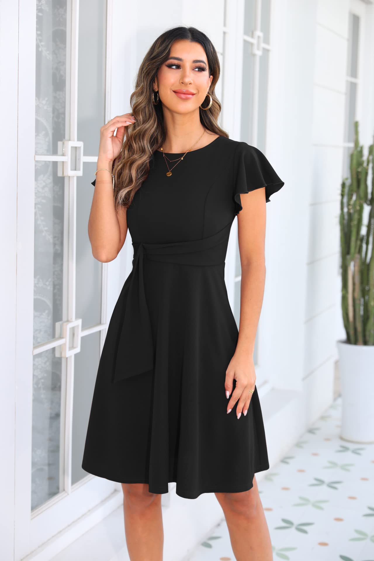 OWIN Womens 2026 Elegant Ruffle Sleeve Flared A Line Swing Casual Party Cocktail Dresses