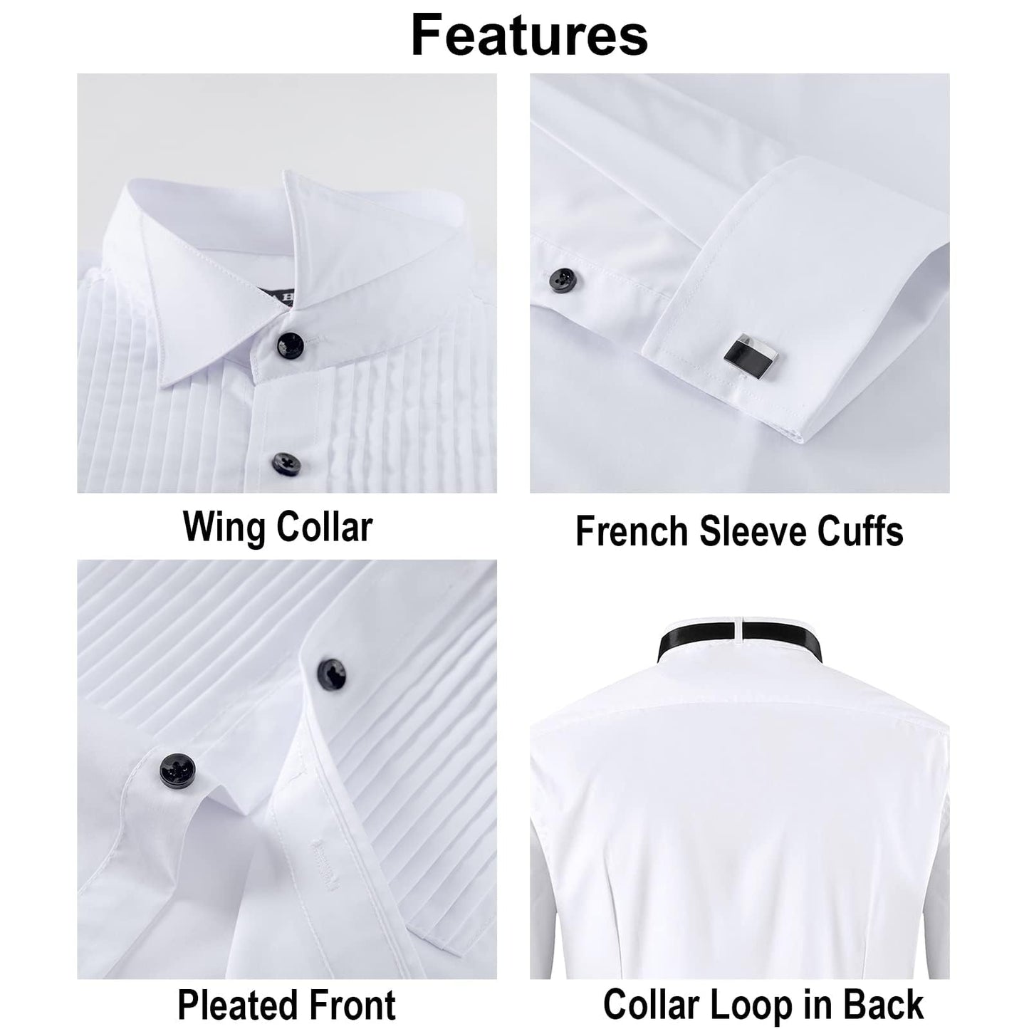 FAHIZO Men's White Tuxedo Shirt with Wing Collar, French Cuffs & Accessories