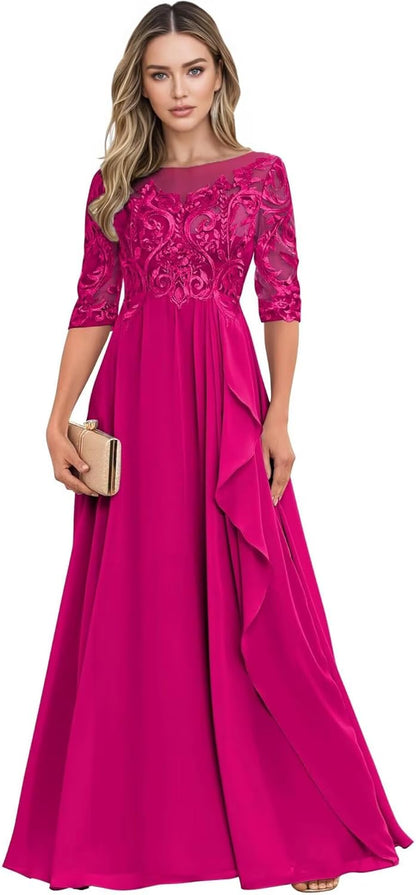Long Mother of The Bride Dresses for Wedding Guest Half Sleeves Ruffle A Line Evening Party Gown HX012
