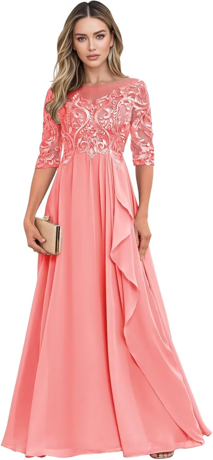 Long Mother of The Bride Dresses for Wedding Guest Half Sleeves Ruffle A Line Evening Party Gown HX012