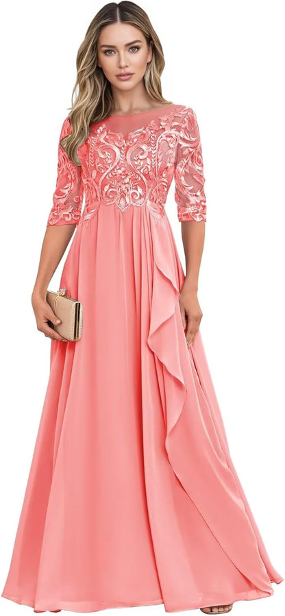 Long Mother of The Bride Dresses for Wedding Guest Half Sleeves Ruffle A Line Evening Party Gown HX012